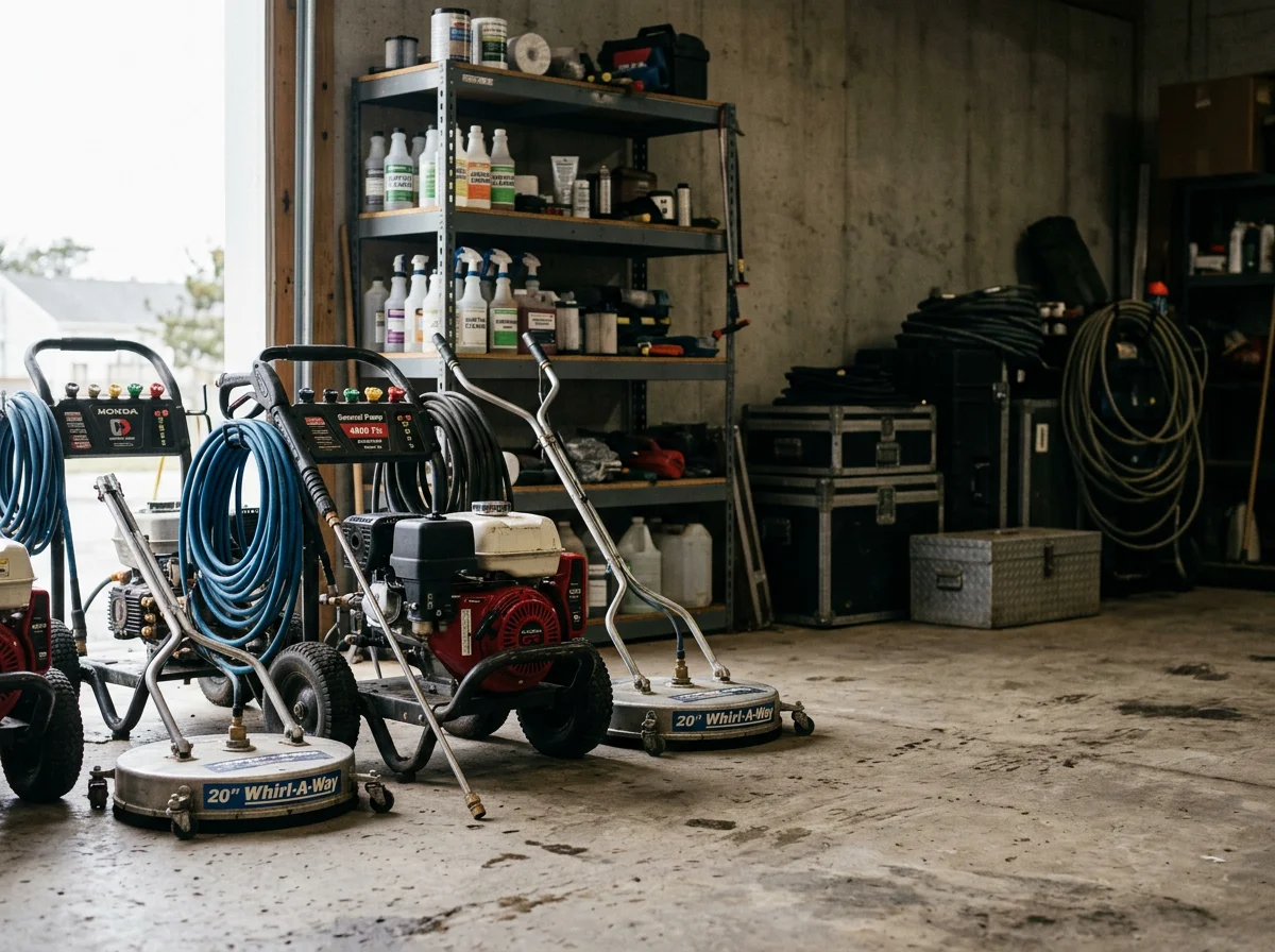 Professional property maintenance tools and equipment staged for service readiness, representing the range of outdoor cleaning and landscaping work.