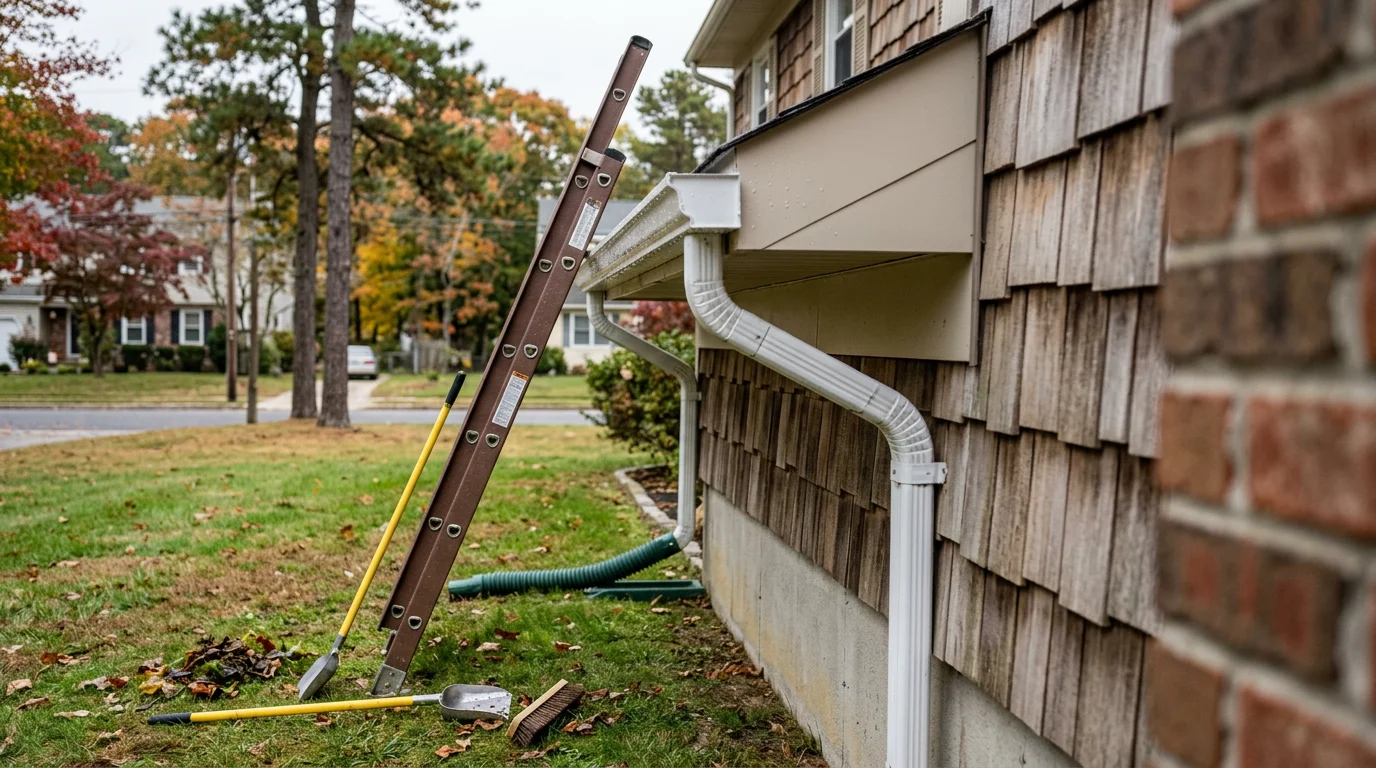 Gutter cleaning technician clearing debris from a residential gutter system in New Jersey