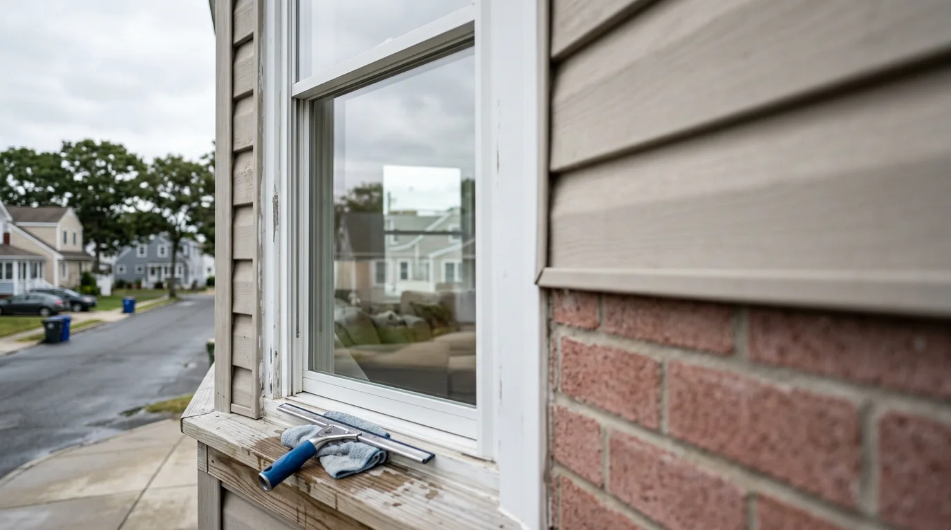 Window cleaning technician cleaning exterior windows on a residential home in New Jersey
