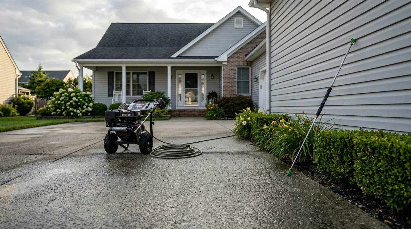 Professional exterior cleaning crew pressure washing a residential home exterior in New Jersey
