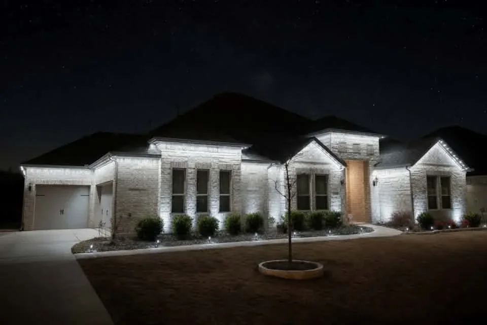 White stone home exterior with uplighting on facade, columns, and foundation plantings at night