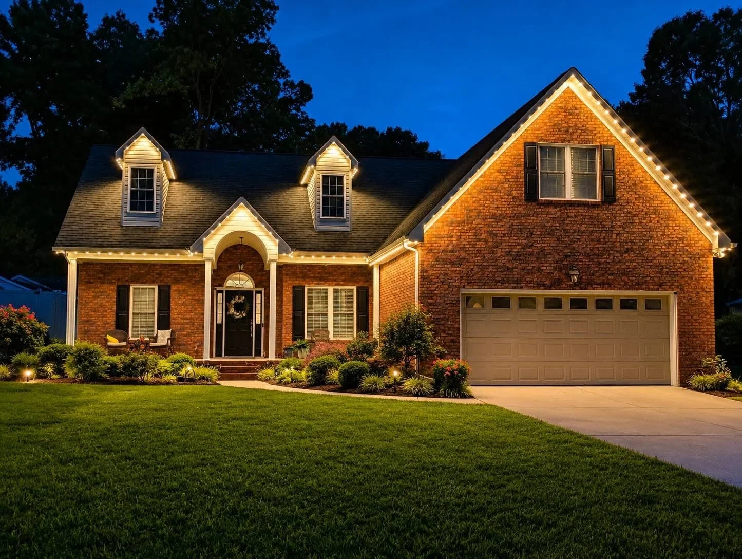 Brick home with warm LED accent lighting along roofline, dormers, and landscaping at dusk