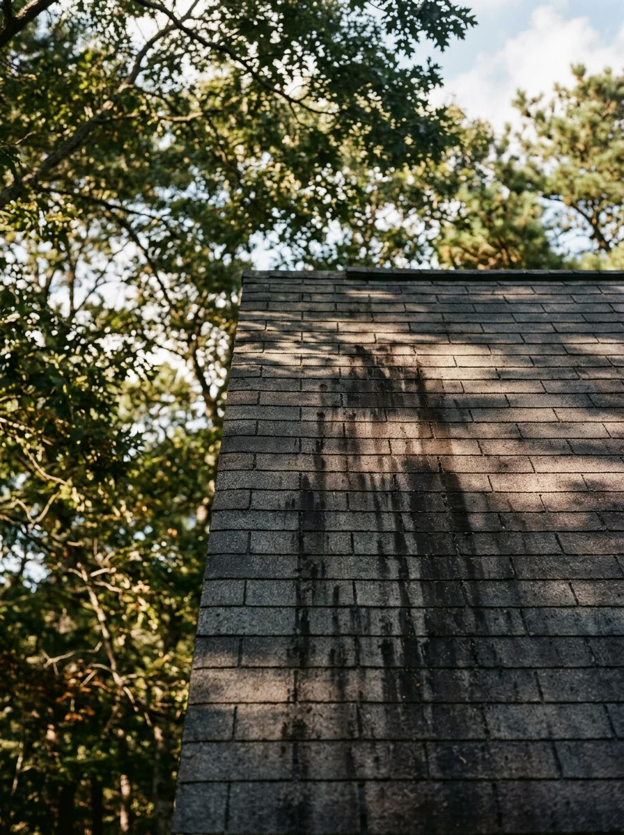 A close-up of a Barnegat Township home's north-facing roof plane showing black algae streaks before soft washing treatment, with Pinelands-edge tree canopy overhead.