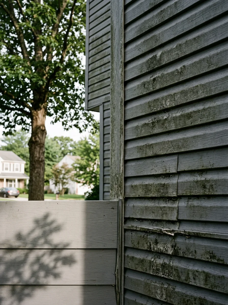 A close-up of algae-stained vinyl siding panel overlaps on an Egg Harbor Township, NJ, colonial home before soft washing treatment, with a mature subdivision street tree visible nearby.