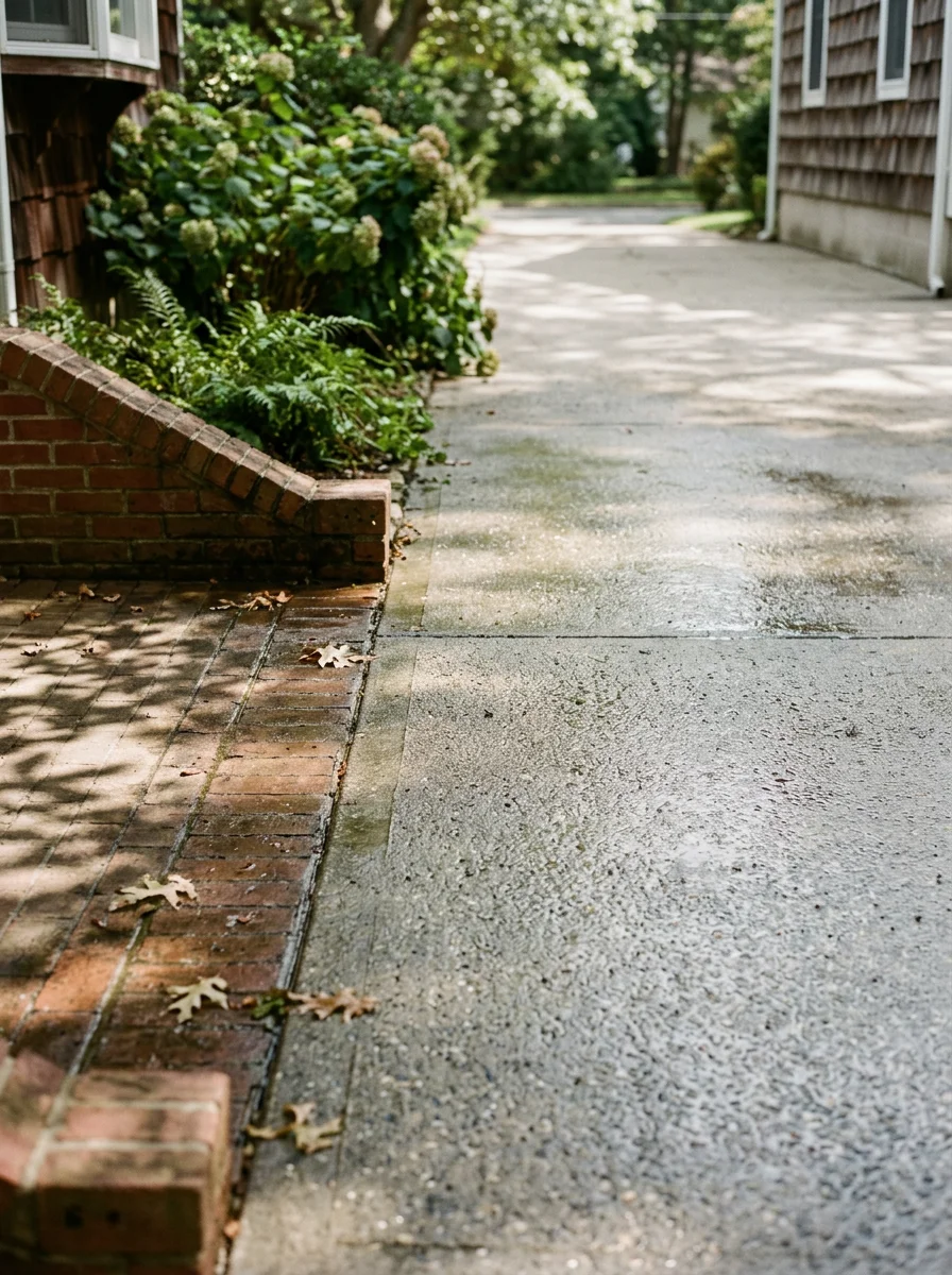 A shaded concrete driveway in Smithville, Galloway Township, NJ, after pressure washing service, with green algae staining fully removed and mature oak trees overhead.