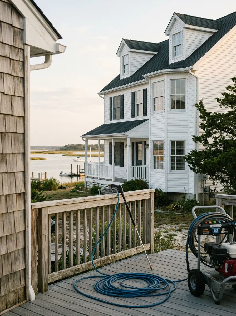 A bay-front home in Lanoka Harbor, Lacey Township, NJ, with clean salt-free windows and soft-washed siding, Barnegat Bay visible in the background.