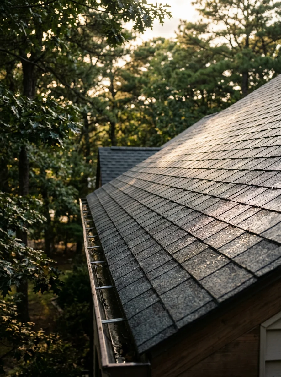 Close-up of a moss-free asphalt shingle roof on a wooded-lot colonial in Little Egg Harbor, NJ, after professional roof washing service.
