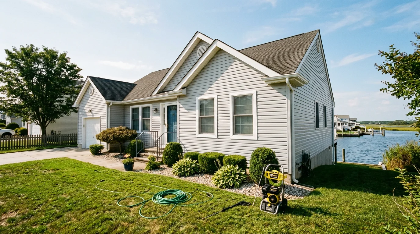 A lagoon-front single-family home in Little Egg Harbor Township, NJ, with a freshly soft-washed vinyl exterior and clean gutters visible along the roofline, Barnegat Bay visible in the background.