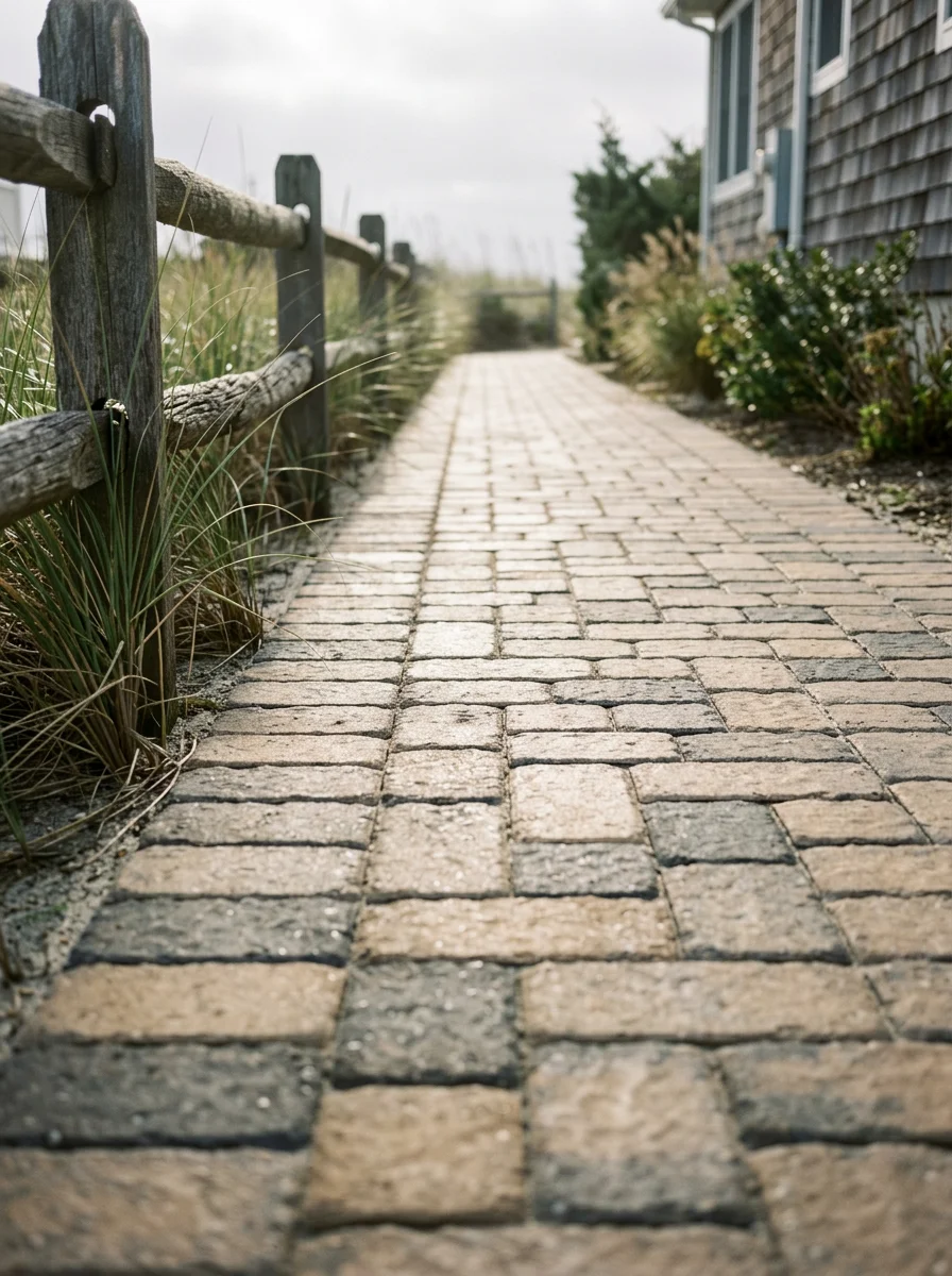 A paver walkway on a Long Beach Island barrier island property after professional cleaning, with tight joints and no algae growth visible between the stones.
