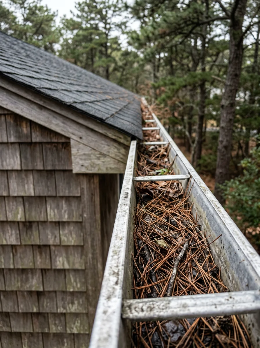 A pine-needle-packed gutter on an Ocean Acres home in Stafford Township, NJ, being cleaned by a property services technician with a wooded lot visible in the background.