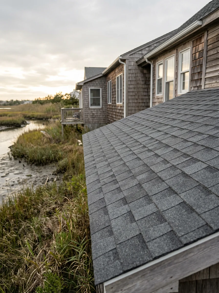 A creek-side property in Tuckerton, NJ, with algae-free roof shingles after soft washing service, wetland vegetation and tidal water visible along the property edge.