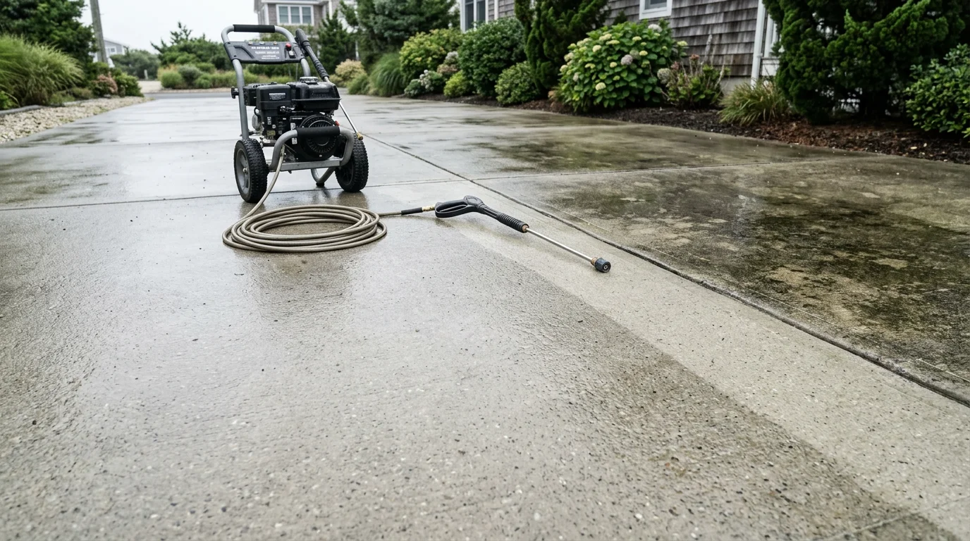 A concrete driveway and front walkway in Little Egg Harbor Twp after professional surface cleaning, showing clean gray concrete free of algae staining and dark organic buildup. The entry path leading to the front door is visibly clean and dry against a coastal residential backdrop.