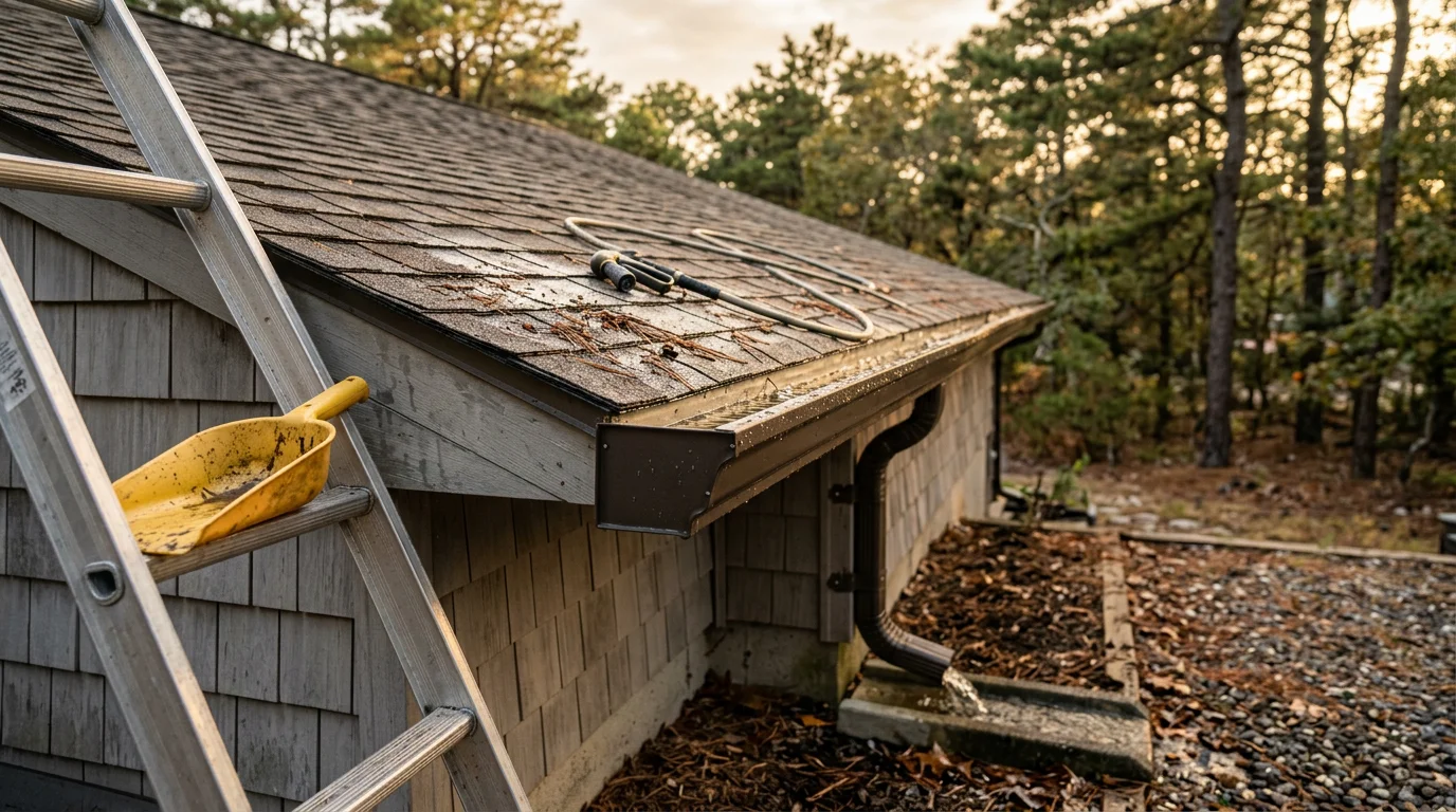 A gutter on a residential home in Little Egg Harbor Twp being cleared of packed pine needles and debris. Clean water flows freely through the downspout after the cleaning is complete.