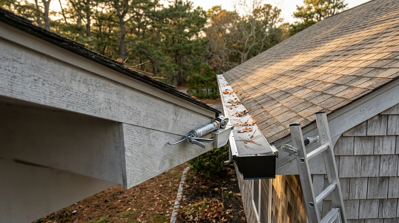 Gutter guard system installed along the roofline of a residential home in Little Egg Harbor Twp, New Jersey, with pine trees visible in the background. Close-up view shows the guard surface channeling rainwater into the gutter while keeping debris out.