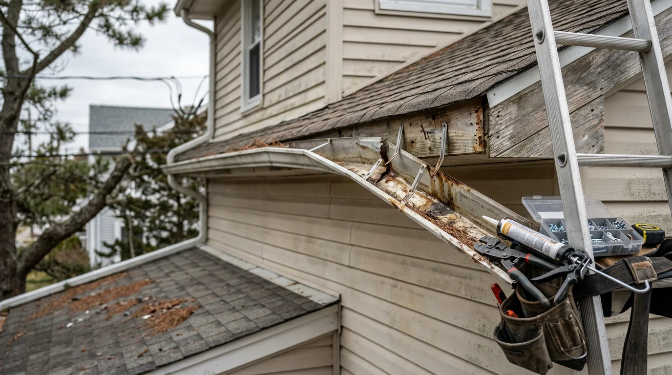 A gutter technician resealing a leaking seam on a residential home in Little Egg Harbor Twp, with a bayfront neighborhood visible in the background. The repaired gutter section runs along a wood fascia board on a raised coastal home.