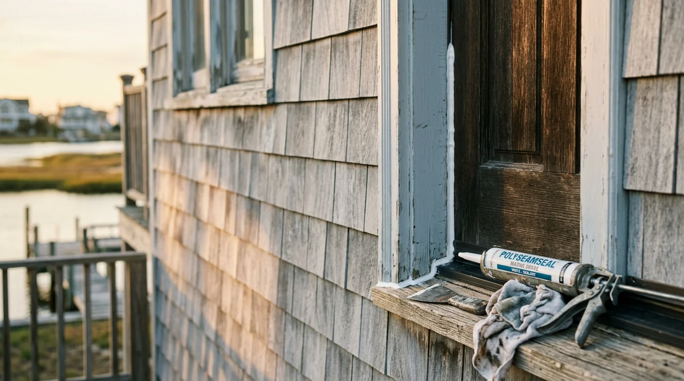 A handyman repairing door trim and caulking on the exterior of a waterfront home in Little Egg Harbor Twp, NJ. The property shows a lagoon-front setting typical of the Mystic Island community.