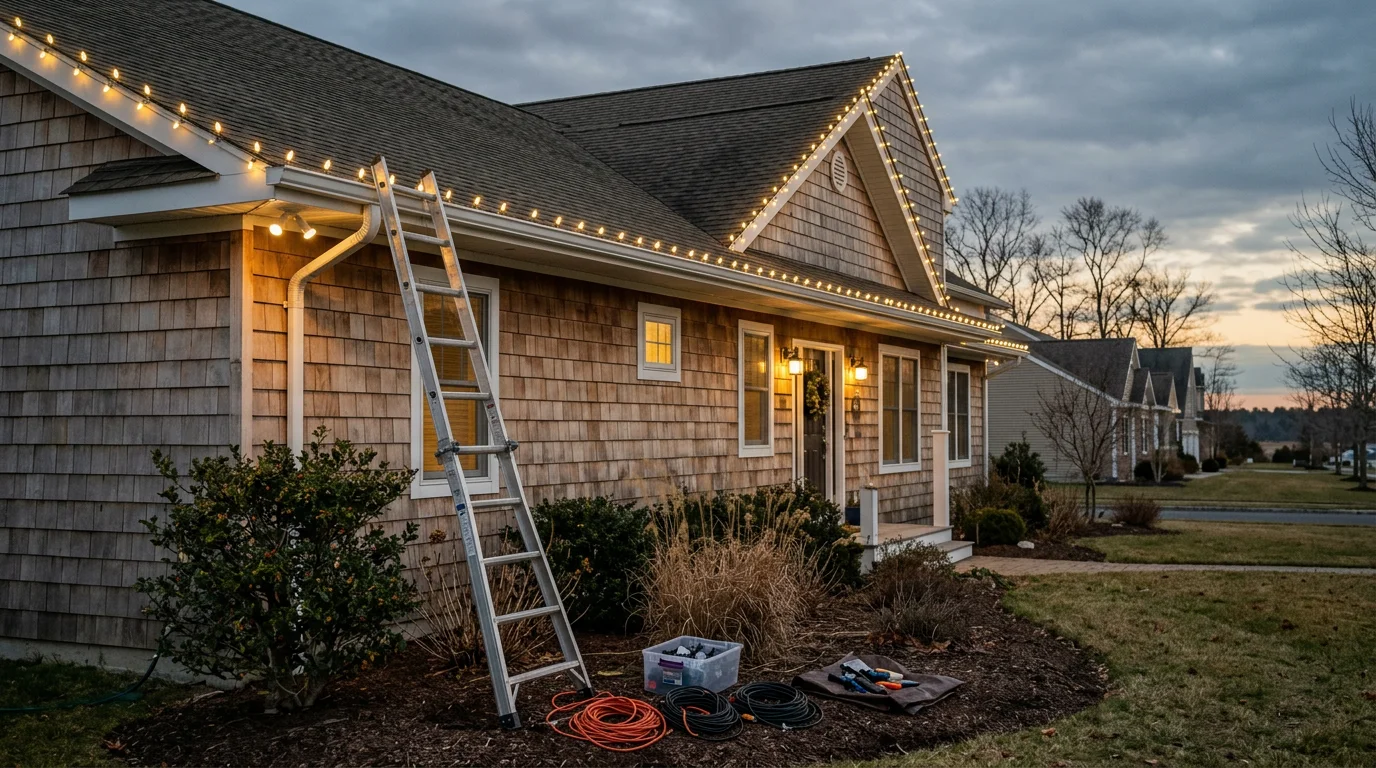 Professional holiday lighting installed along the roofline and front walkway of a residential home in Little Egg Harbor Twp, NJ. Warm white lights outline the roofline and wrap around landscaping near a bay-area neighborhood street.