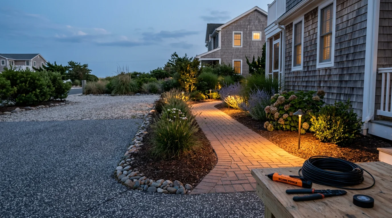 Professional landscape lighting installation at a residential property in Little Egg Harbor Twp, NJ, with path lights lining a front walkway and uplighting accenting mature shrubs along the home's facade at dusk.