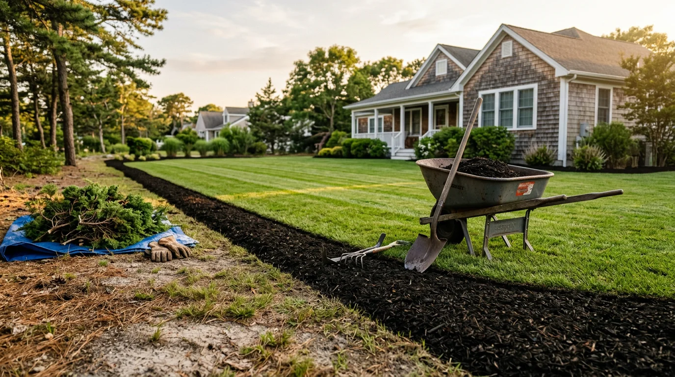A neatly edged lawn and mulched garden beds at a residential property in Little Egg Harbor Twp, NJ, with trimmed shrubs and clean borders visible along the front of the home.