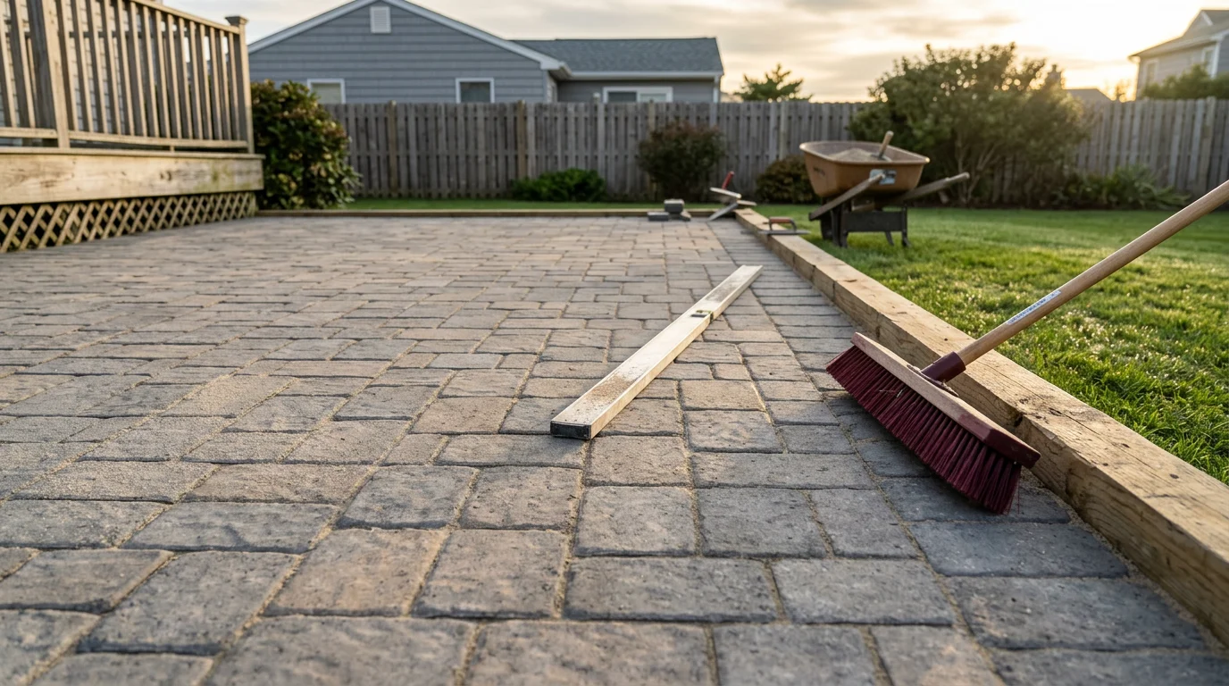 A cleaned and re-leveled paver patio with freshly filled joints in a residential backyard in Little Egg Harbor Twp, New Jersey. The walkway leading from the patio to the yard shows even, stable pavers with no visible gaps or shifted stones.