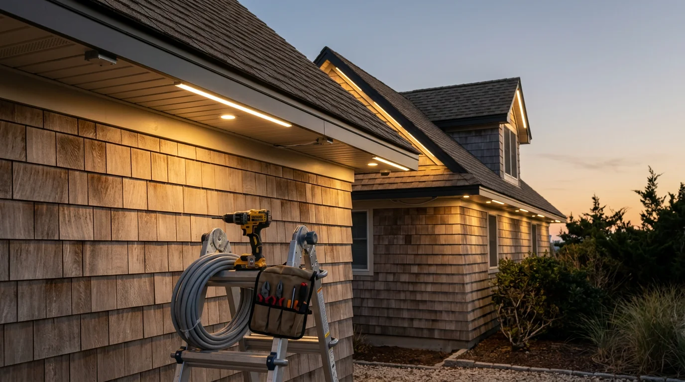 Permanent LED roofline lighting installed on a coastal home in Little Egg Harbor Twp, New Jersey, with low-profile channel hardware along the fascia and the Barnegat Bay area visible in the background. The system illuminates the full roofline in a warm white tone against a dusk sky.
