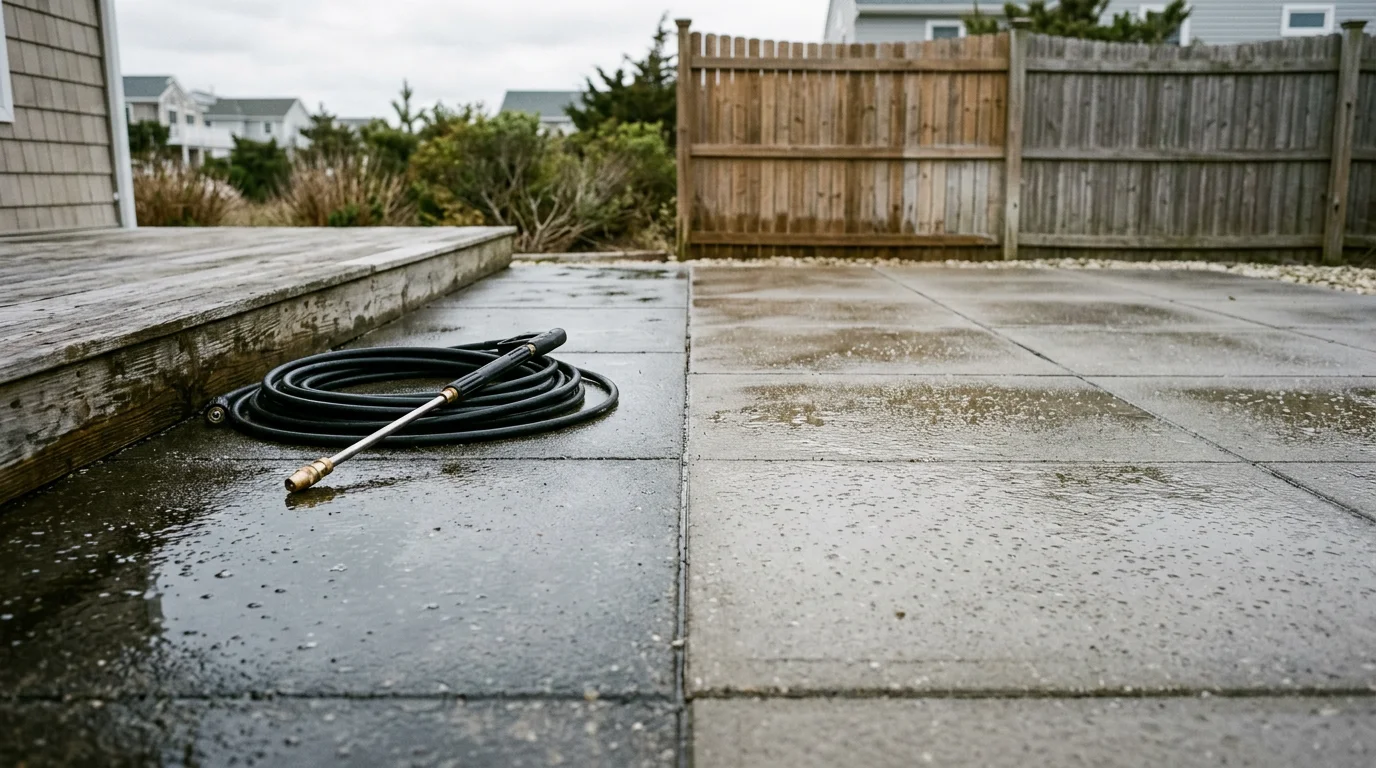 A pressure washer cleaning a concrete patio at a residential property in Little Egg Harbor Township, NJ, with visible dirt and algae being removed from the surface. The home's exterior siding and backyard fence are visible in the background.