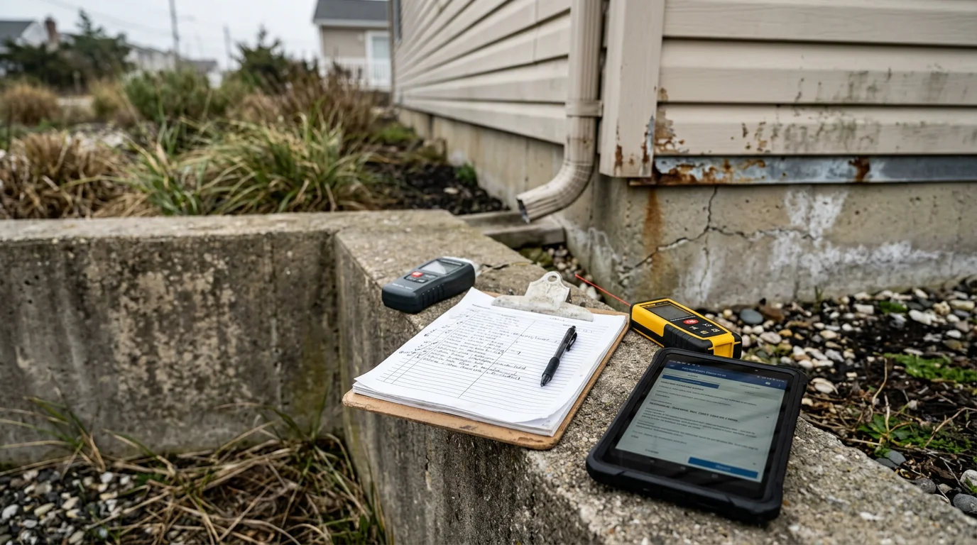 A property inspector reviewing the exterior of a coastal home in Little Egg Harbor Township, New Jersey, with a clipboard and written condition report in hand. The inspection focuses on drainage, siding, and areas prone to water exposure near the Barnegat Bay region.