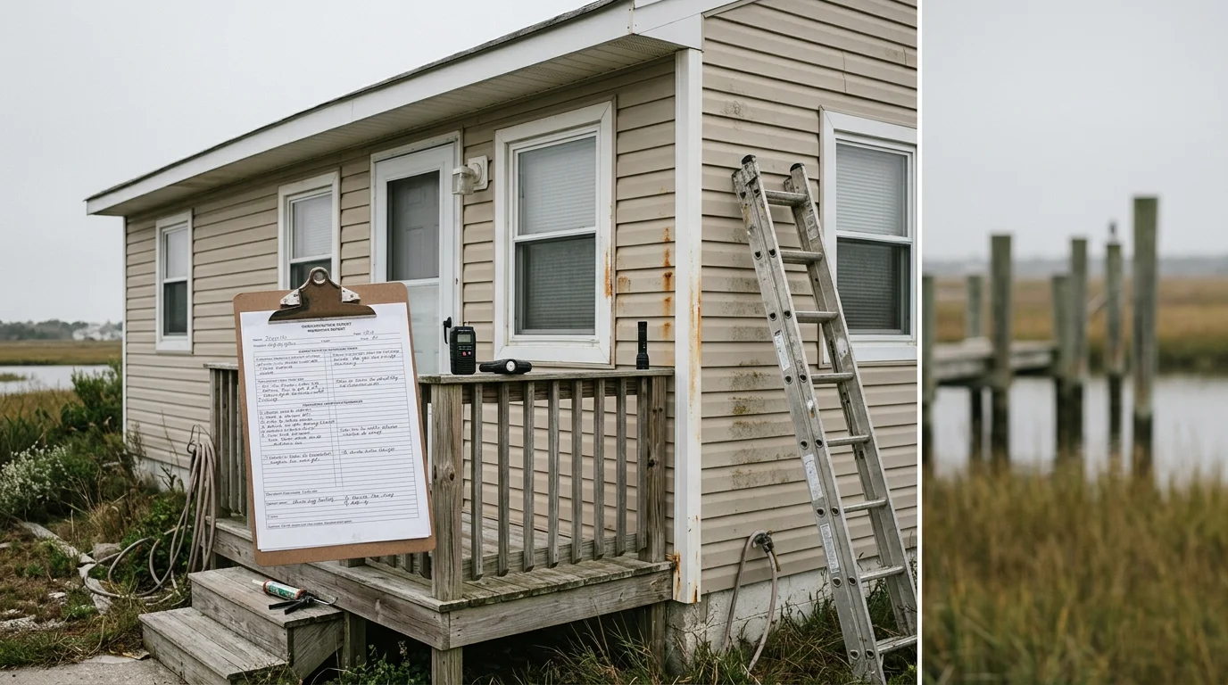 A property watch professional inspecting the exterior of a raised coastal home on a lagoon-front lot in Little Egg Harbor Township, New Jersey. The inspector checks windows and door seals for signs of water intrusion and storm damage.
