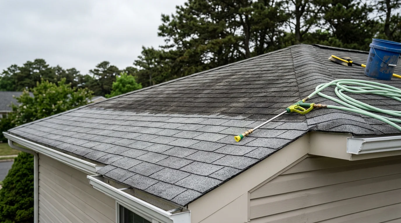 A residential roof in Little Egg Harbor Twp showing before-and-after results of soft wash roof washing, with algae and black streak staining cleared from asphalt shingles. A soft wash application removes green moss and dark algae growth common on coastal New Jersey homes.