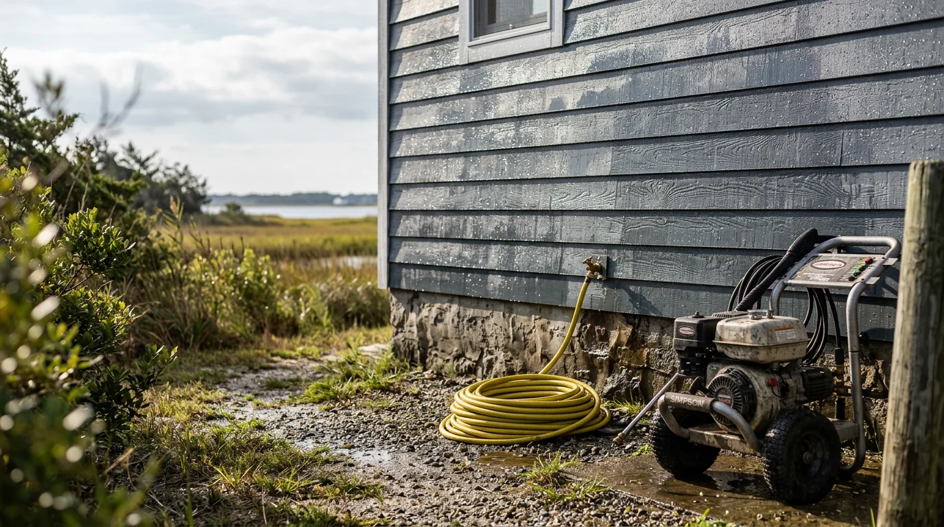 A well-maintained shore home exterior in Little Egg Harbor Twp after seasonal opening, with cleared walkways, secured outdoor areas, and no visible storm or moisture damage. The property sits near a lagoon-front neighborhood typical of the Ocean County coastline.