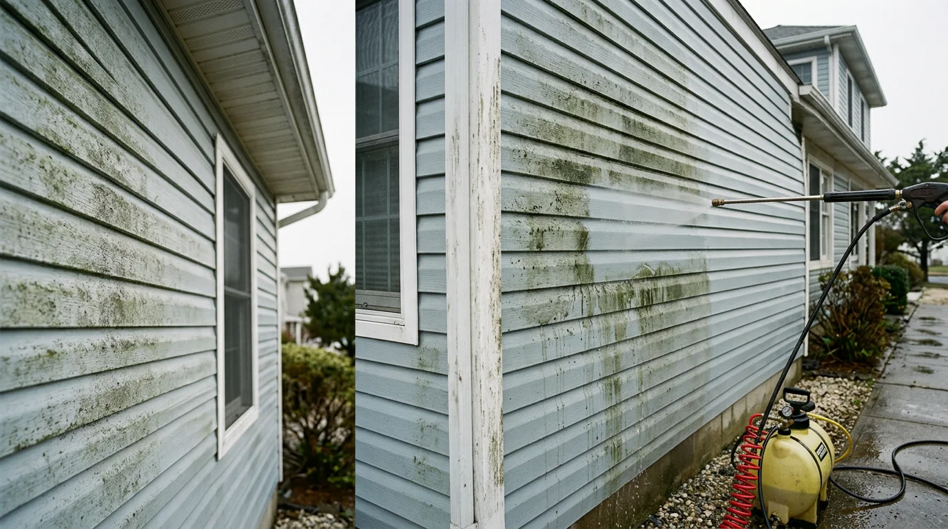 A soft washing technician applying low-pressure cleaning solution to the vinyl siding of a coastal home in Little Egg Harbor Twp, NJ. The before-and-after contrast shows dark algae and mildew streaks removed from the home's exterior.