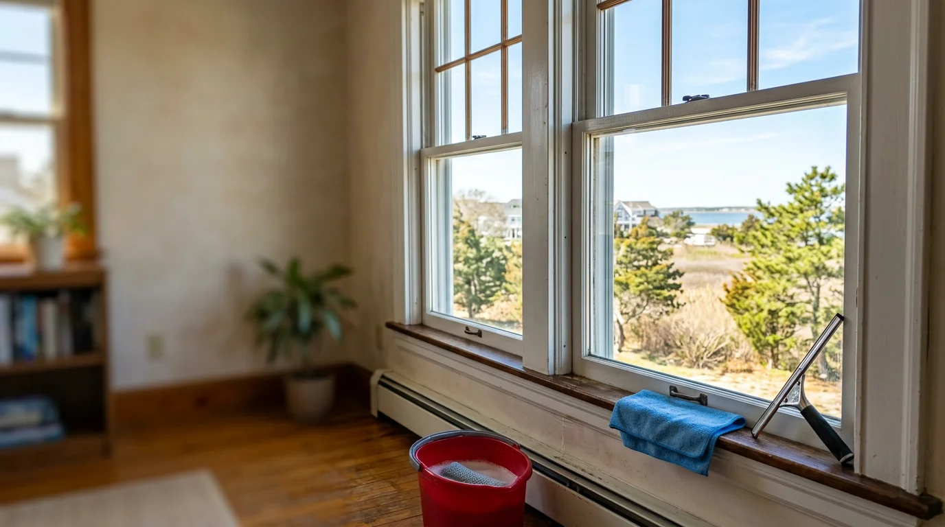 Interior view of a clean, streak-free window in a coastal home in Little Egg Harbor Township, NJ, with clear glass and a wiped sill showing no salt haze or grime buildup.