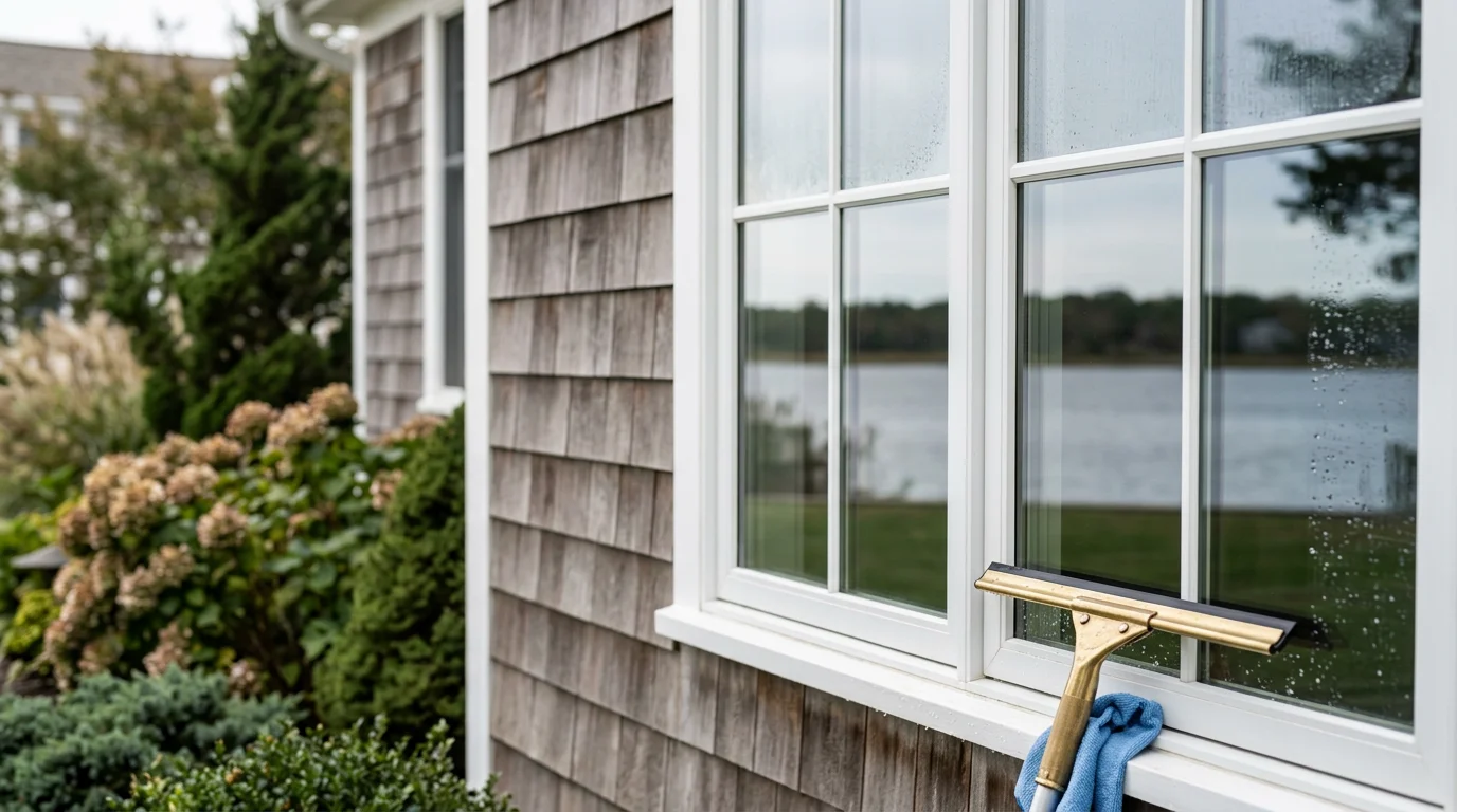 A technician cleaning the exterior windows of a coastal residential home in Little Egg Harbor Township, NJ, with clear glass reflecting the surrounding neighborhood after salt film and grime removal.